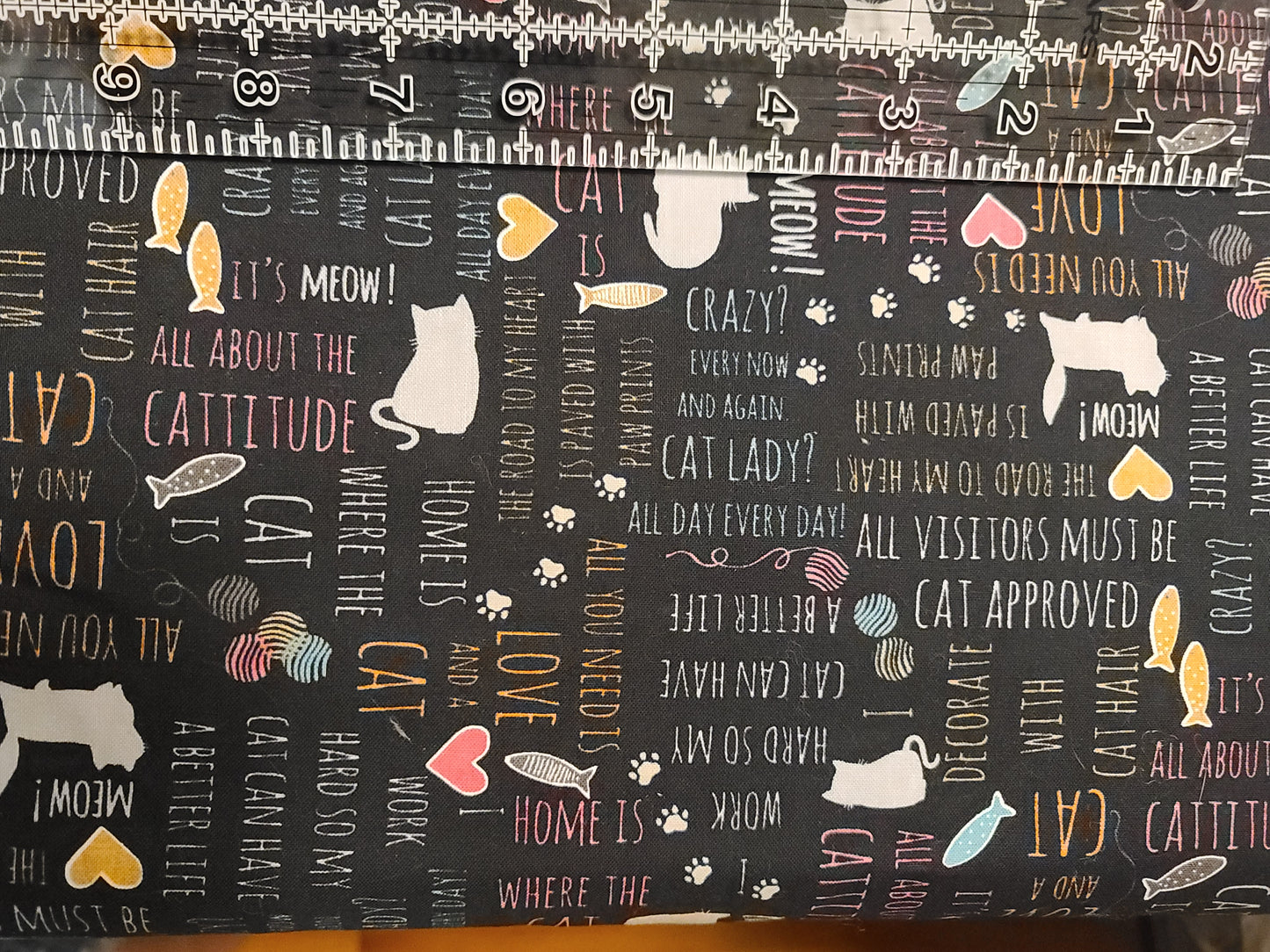 CAT QUOTES! 100% cotton novelty fabric (small print - dark)