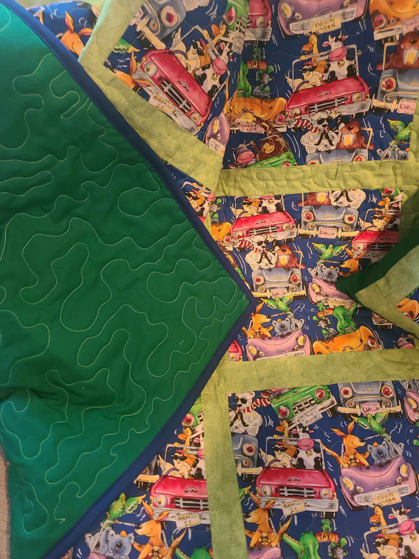 LAP QUILT Bed topper with matching pillow - 53" x 53" Cartoon animals in cars