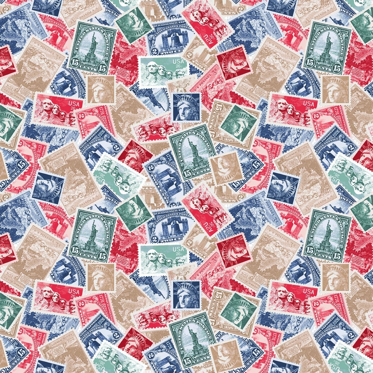 USA Postage Stamps - cotton novelty fabric by the HALF YARD. Multiple quantities will ship as one continuous cut.