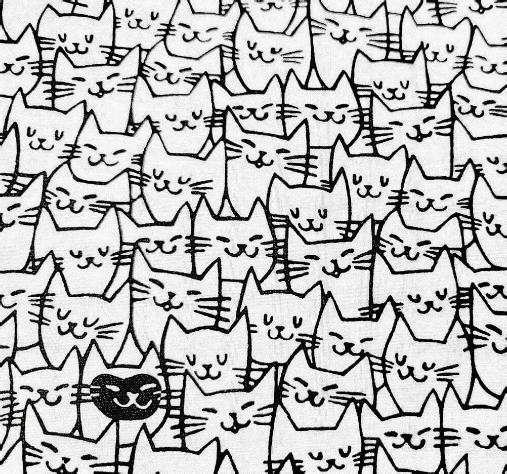 108" Wide cotton fabric - HAPPY CATS 100% Cotton - Black print on white - for large quilt backing