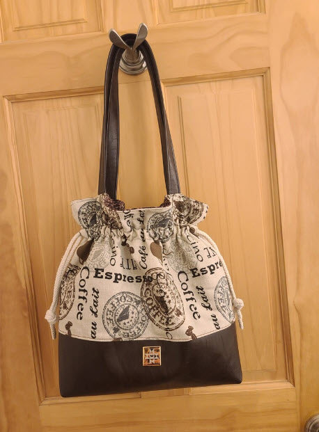 Hand Crafted Drawstring Canvas Purse with vinyl handles & base and interior zip pocket