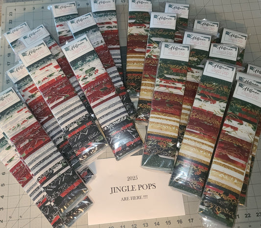 Pk/40 Pre-cut fabric strips 2 1/2" "Jingle Pops" Assorted Christmas prints 100% Cotton. SILVER or GOLD metallic print