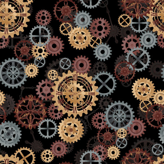 BLACK GEARS 100% Cotton fabric -Steampunk print - for one-piece large quilt backing