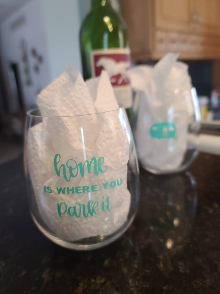 Set of 2/Campers' stemless wine/drink glass. Lightweight, strong acrylic with message "Home is where you park it"