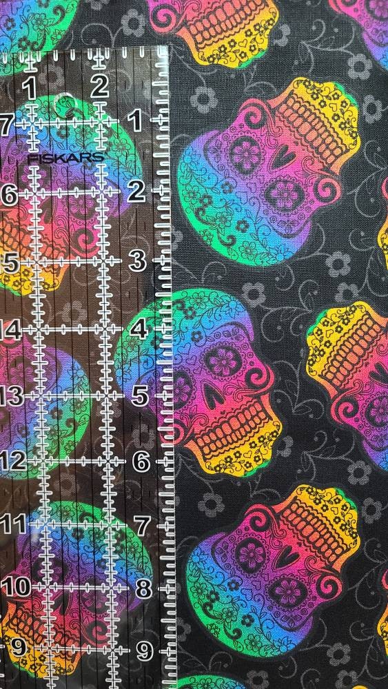 Sugar Skull Day of the Dead Calavera cotton novelty fabric by the HALF YARD. Multiple quantities will ship as one continuous cut.